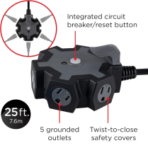 RALLONGE 25' 14/3 NOIR 5 PRISES DISJONCTEUR