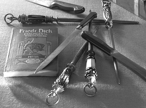 Photo of antique Friedr Dick knife blades and sharpening steels