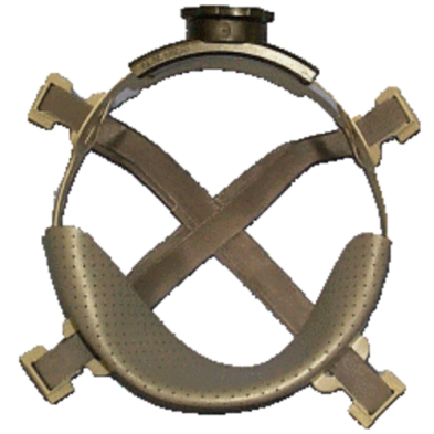 A head strap with four straps and a buckle, fastening a hard hat.