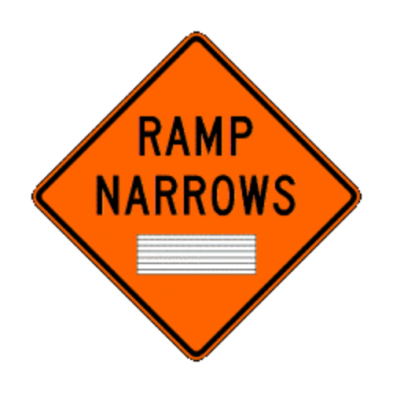 An orange traffic sign with black lettering indicating Ramp Narrows.