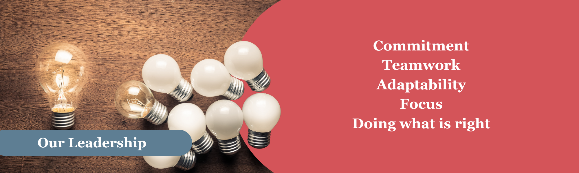A cluster of white light bulbs with one clear bulb. To the left a larger clear bulb is lit. A blue banner near the bottom of the photo with the words &ldquo;Our Leadership.&rdquo; To the right on a red background, the words &ldquo;Commitment, Teamwork, Adaptability, Focus, Doing what is right.