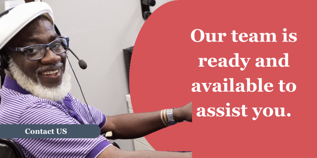 A gentleman with a headset. A blue banner near the bottom of the photo with the words &ldquo;Contact US.&rdquo; To the right on a red background, the words &ldquo;Our team is ready and available to assist you.