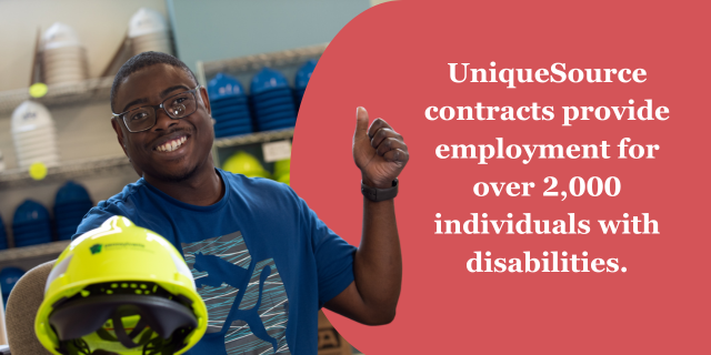 A man holding a yellow hard hat and giving a thumbs up. On a red background the words, &ldquo;UniqueSource contracts provide employment for over 2,000 individuals with disabilities."
