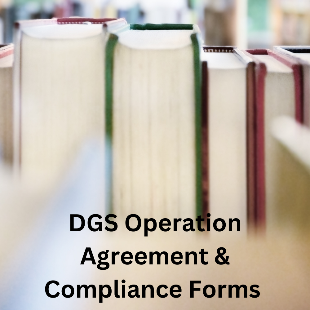 A series of books standing on end, the spine facing away. The word “DGS Operation Agreement & Compliance Forms” is under the image.