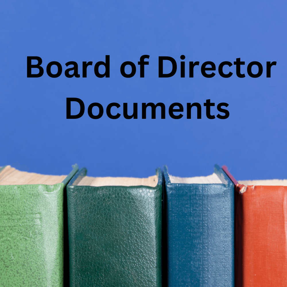 Blue background with a close-up of multi-colored books lined at the bottom. The words “Board of Director Documents above image.
