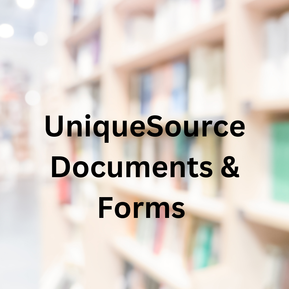 Faded library bookshelves in the background. The words “UniqueSource Documents & Forms” in the foreground.