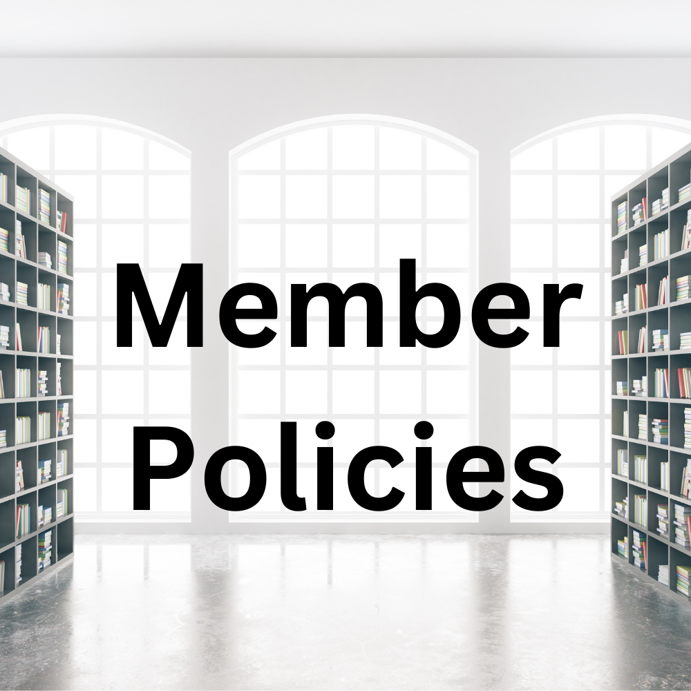 Large room with big picture windows. To the left and right are bookshelves. The words “Member Policies” in the center of the image.