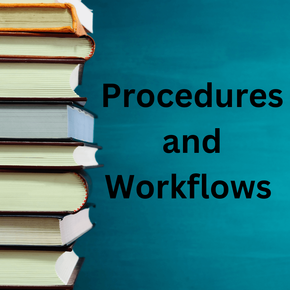 Blue background with a pile of books on the right-hand side. The words “Procedures and Workflows” to left.