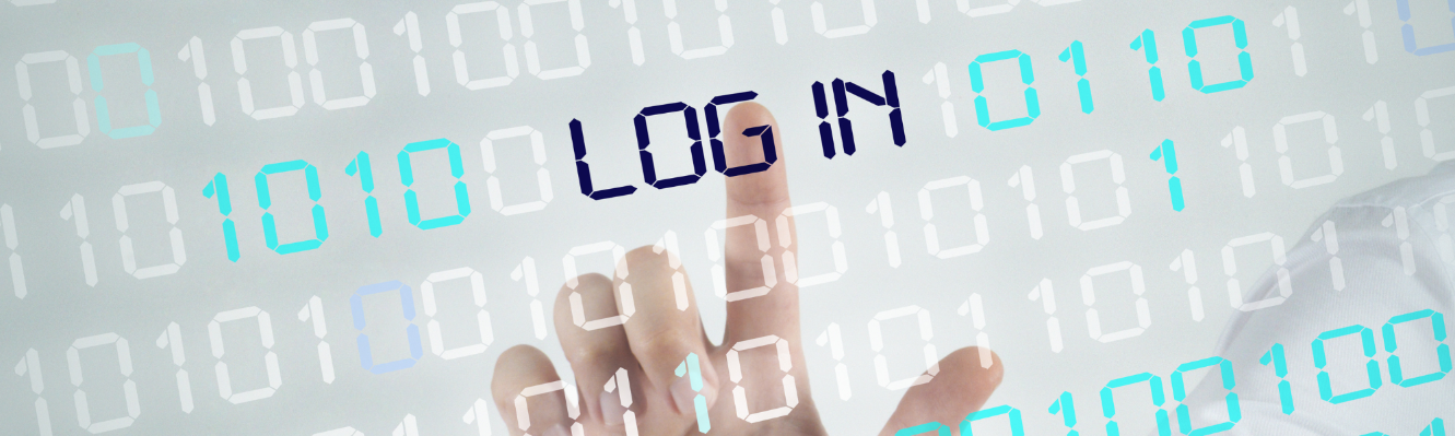 The word “LOG IN” in a line with a series of numbers. Behind the text a hand with a finger pressing on the “Log IN” words.