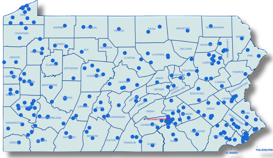 Outline map of Pennsylvania with county boundaries. Multiple blue dots throughout the state demonstrate UniqueSource operating locations.