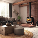 Osburn OB01700 Wood stove black door overlay black curve legs view