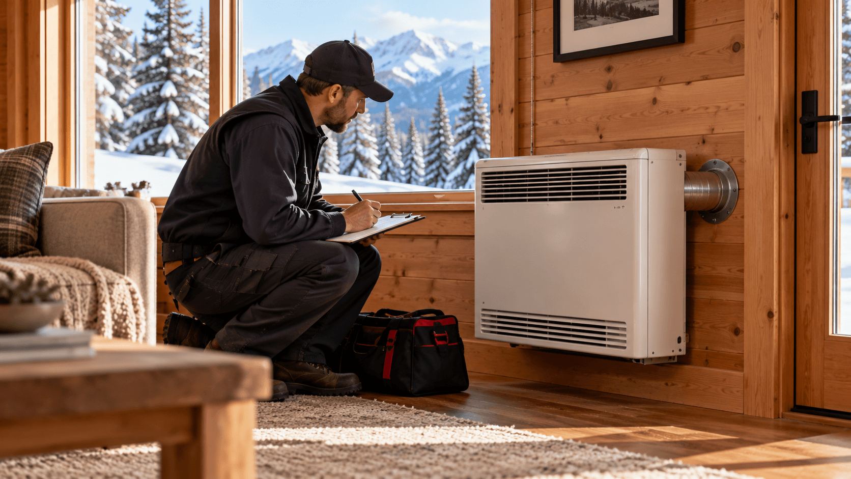 Technician inspecting a wall-mounted direct vent heater in a snowbound cabin, with the vent running through the wall beside it.