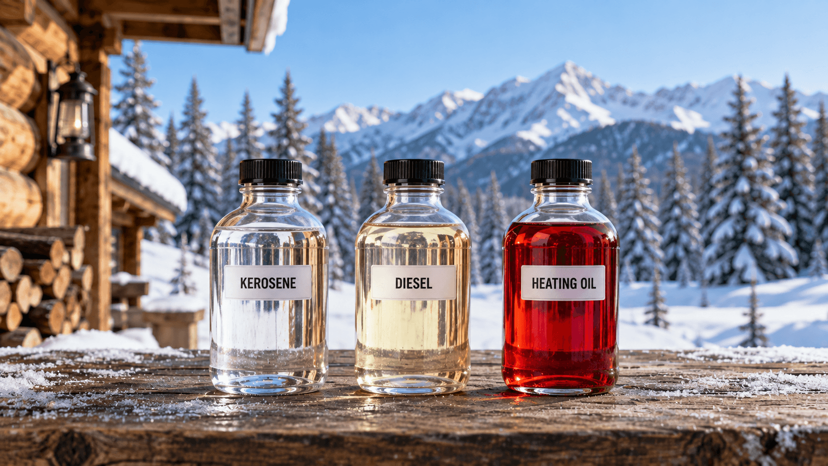 Three fuel sample bottles labeled kerosene, diesel and heating oil on a snowy Alaska cabin porch; the kerosene and diesel are clear and the heating oil is dyed red.